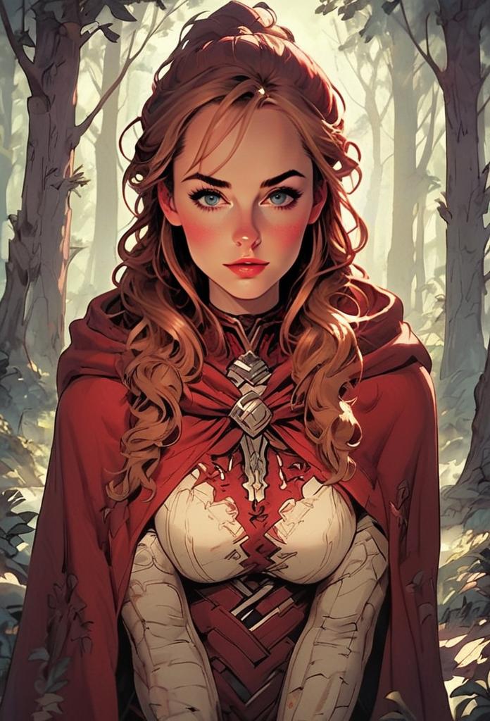Woman in Red Cloak in Misty Forest