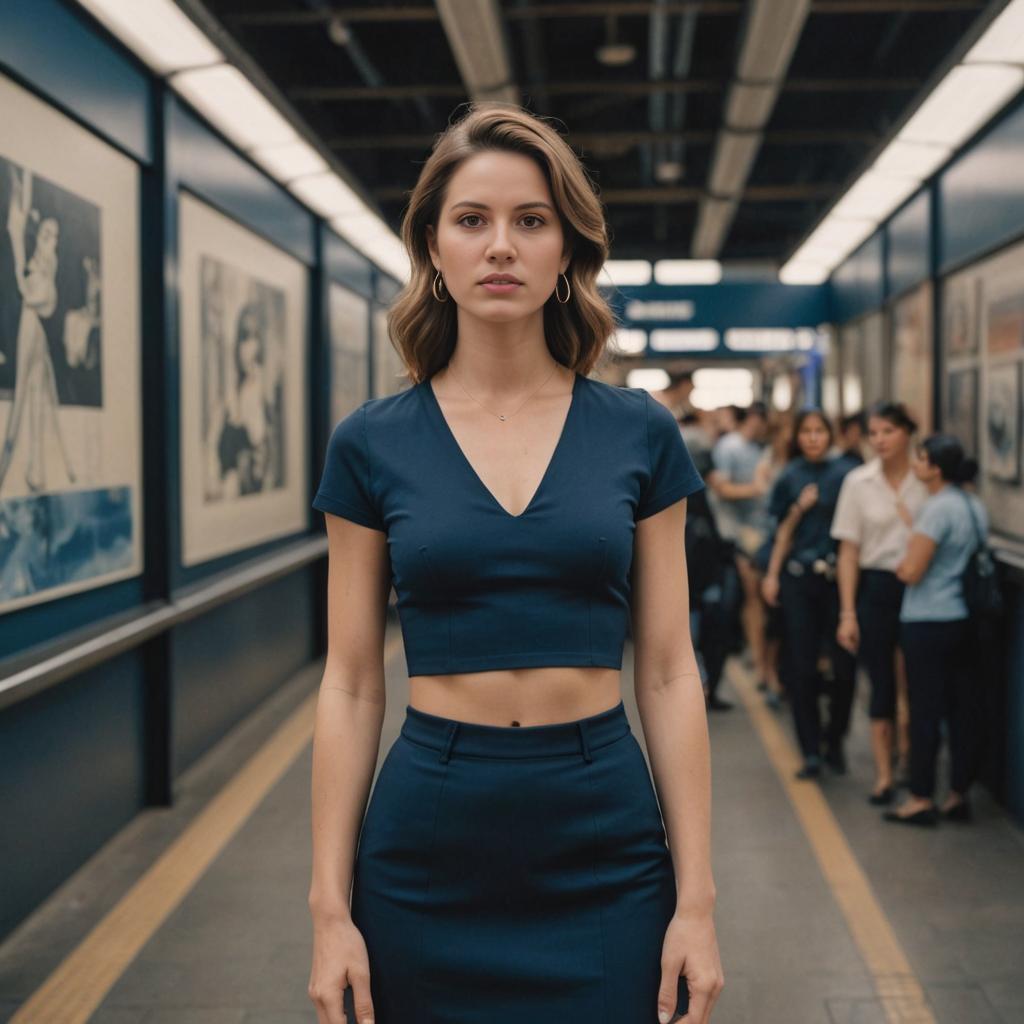 Confident Woman in Elegant Blue Ensemble at Subway Station