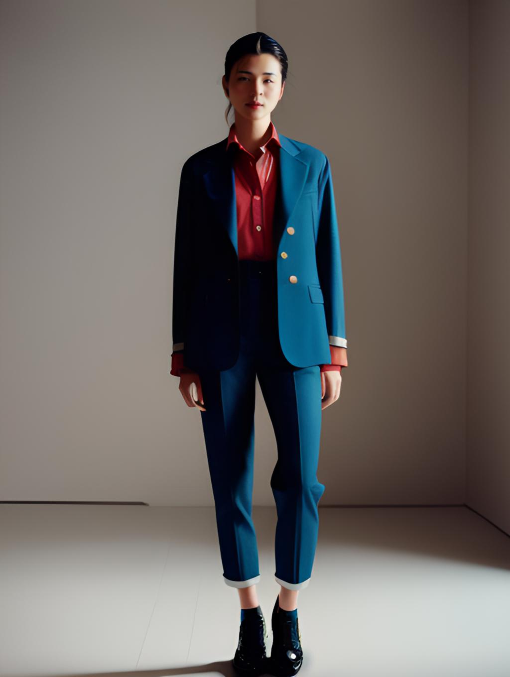 Woman in Stylish Teal Suit and Red Shirt Standing in Minimalist Setting
