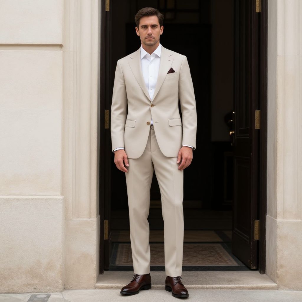 Man in Beige Suit Standing in Doorway with Brown Shoes