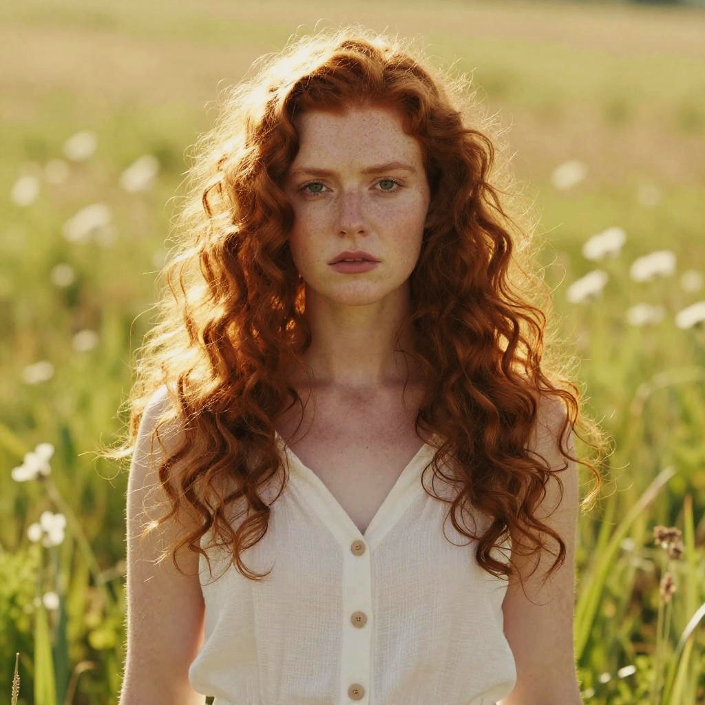 Young Woman with Curly Red Hair in Sunlit Field