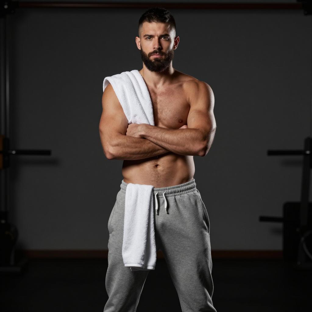 Muscular Shirtless Man with Towel in Gym Workout Setting