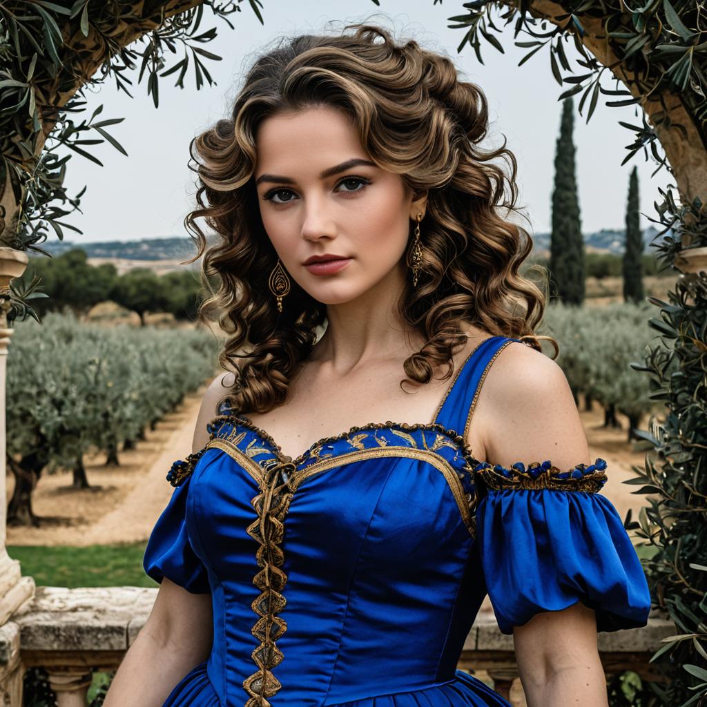 Elegant Woman in Royal Blue Renaissance Dress Outdoors