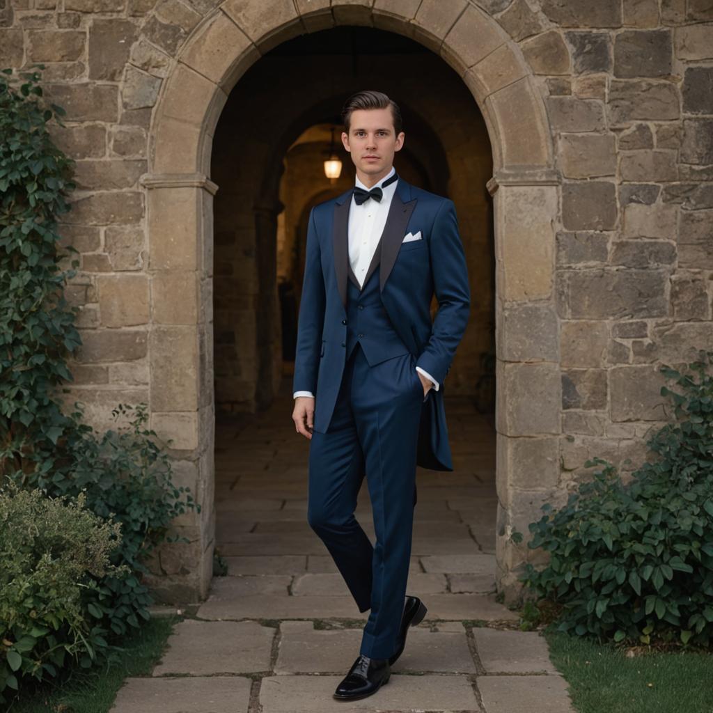 Confident Man in Blue Suit Walking Through Archway