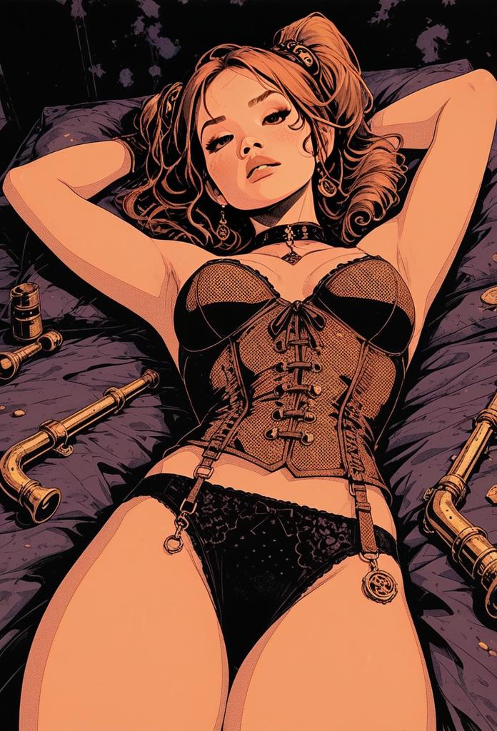 Stylized Comic Art of Woman in Corset and Lingerie with Industrial Pipes
