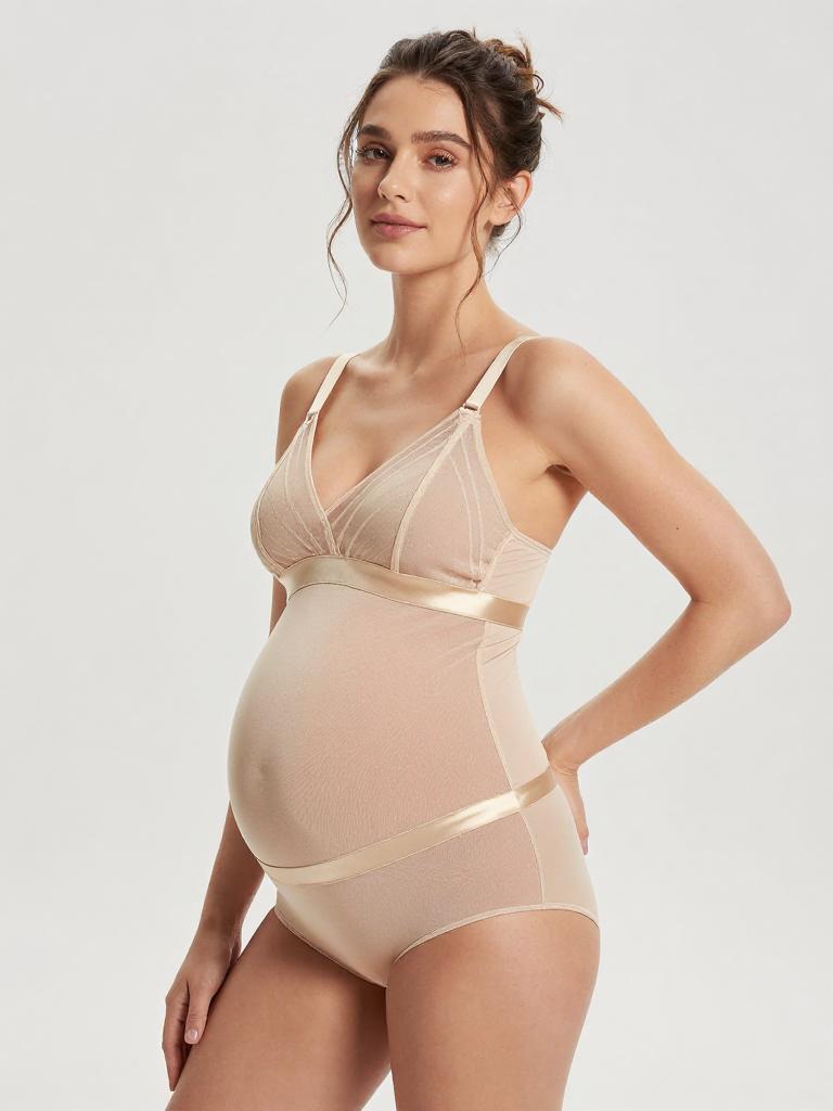 Pregnant Woman Wearing Nude Maternity Bodysuit with Satin Trim