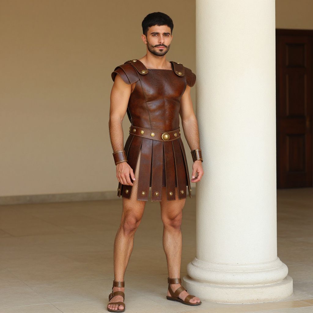 Man in Brown Leather Gladiator Costume Standing by Column