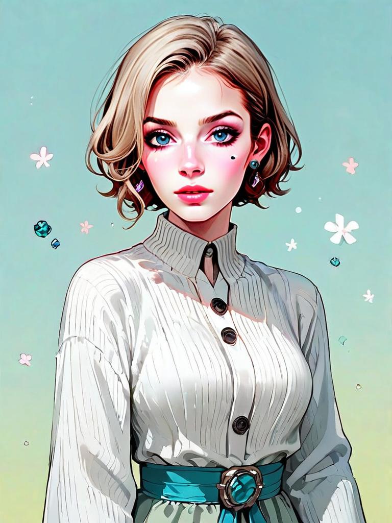 Realistic Portrait of Young Woman in Fitted White Dress with Blue Belt - Digital Illustration