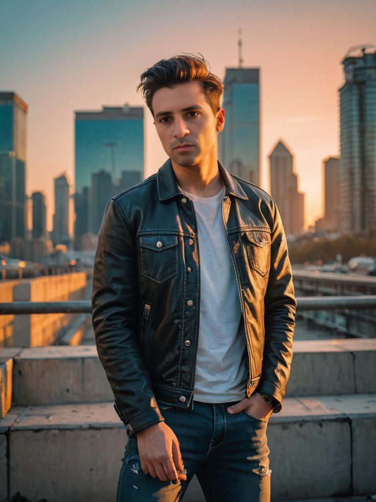 Stylish Young Man in Urban Skyline at Sunset