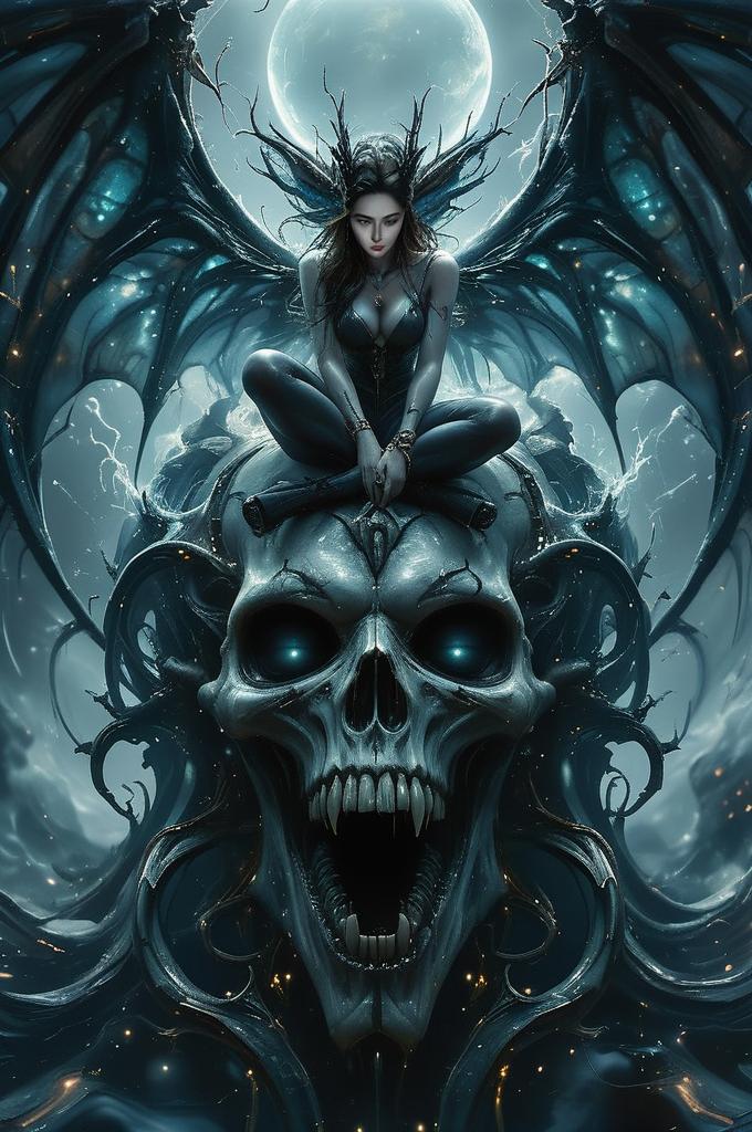 Dark Fantasy Woman Sitting on Giant Demonic Skull Under Full Moon