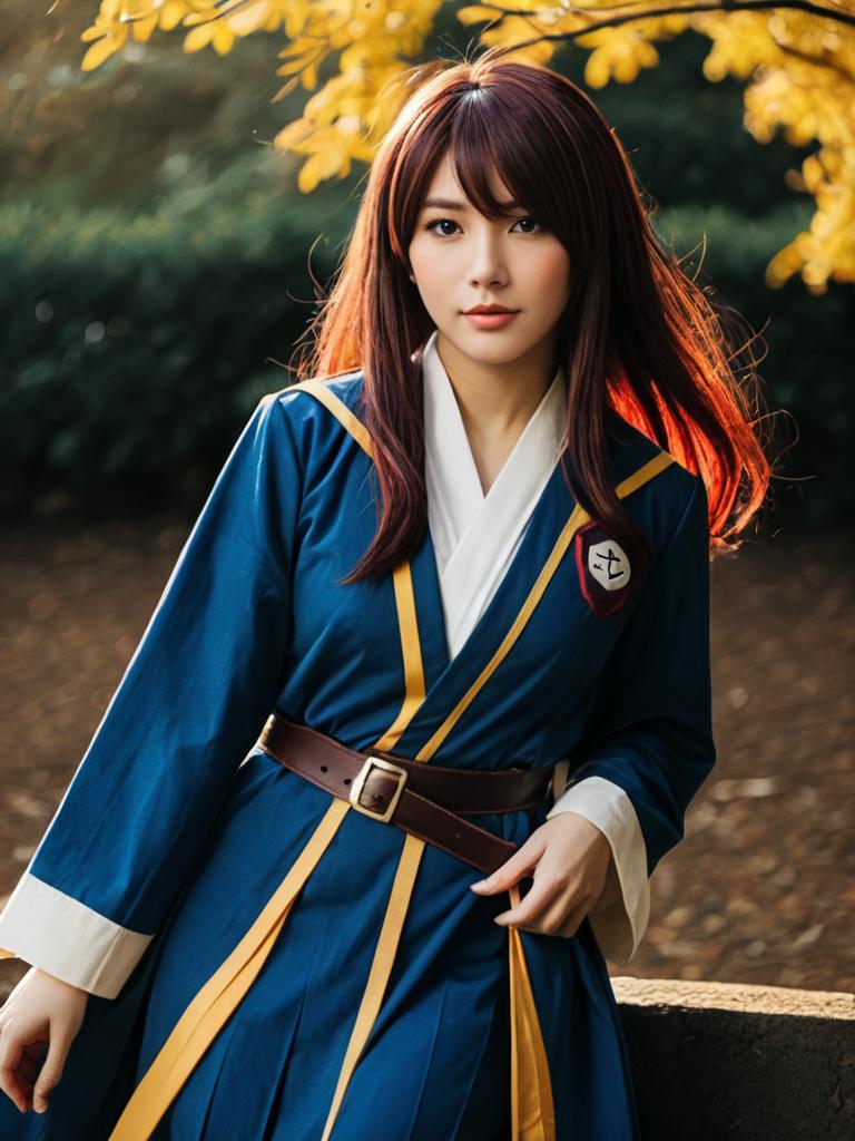 Realistic Rise Kujikawa Cosplay by Woman in Autumn Setting