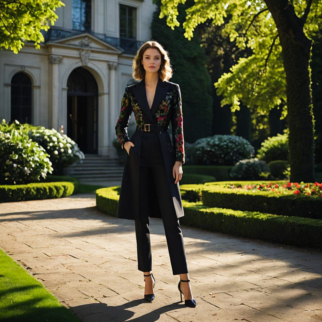 Confident Woman in Tailored Black Suit in Formal Garden Confident Woman in Tailored Black Suit in Formal Garden