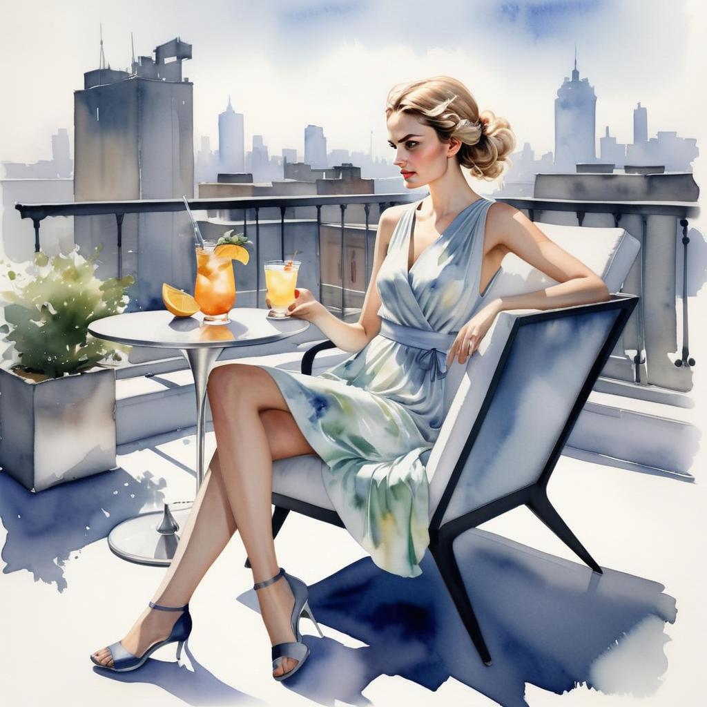 Stylish Woman on Balcony with City Skyline