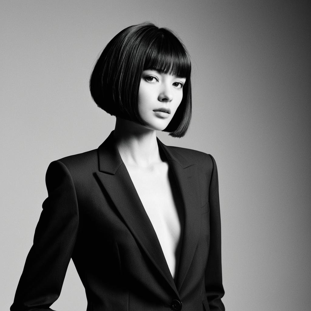 Elegant Black and White Portrait of Woman in Tailored Blazer with Bob Haircut