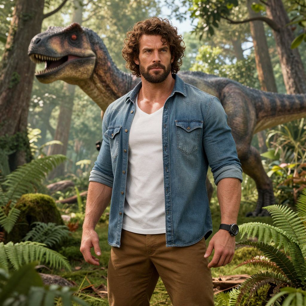 Man Standing Confidently with Dinosaur in Lush Forest