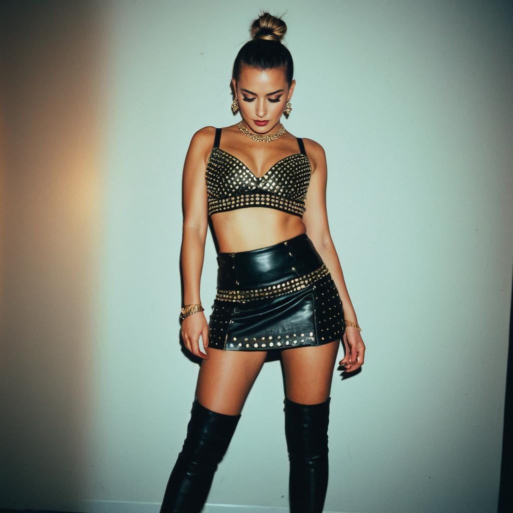 Edgy Glamorous Woman in Studded Black Leather Outfit with Gold Jewelry