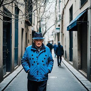 Elderly Man Walking in Blue Polka Dot Coat on Narrow City Street