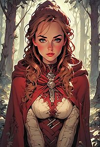 Woman in Red Cloak in Misty Forest