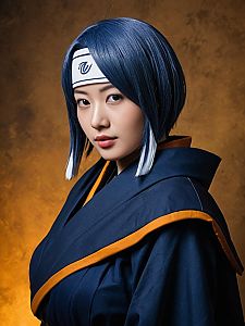 Realistic Konan Character Cosplay Woman with Blue Wig and Headband