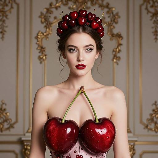 Fashion Portrait Woman Wearing Cherry Headpiece and Cherry-Themed Outfit