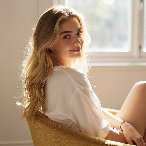 Young Blonde Woman Relaxing in Sunlit Room on Mustard Chair
