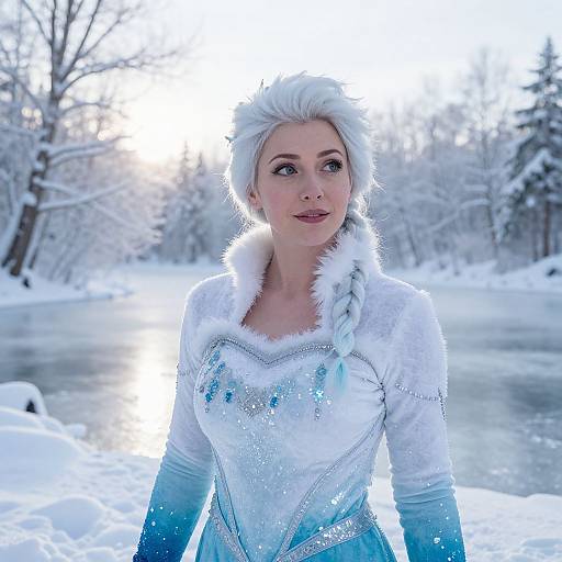 Woman in Icy Blue Winter Queen Costume in Snowy Landscape