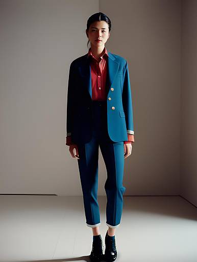 Woman in Stylish Teal Suit and Red Shirt Standing in Minimalist Setting