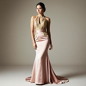 Elegant Blush Pink Evening Gown with Gold Embroidery and Floor-Length Silhouette
