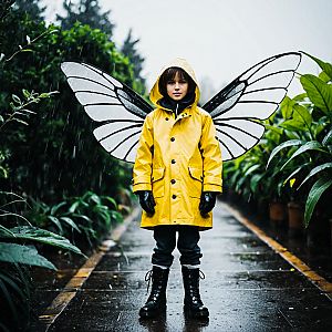 Boy in Yellow Raincoat with Butterfly Wings in Rain
