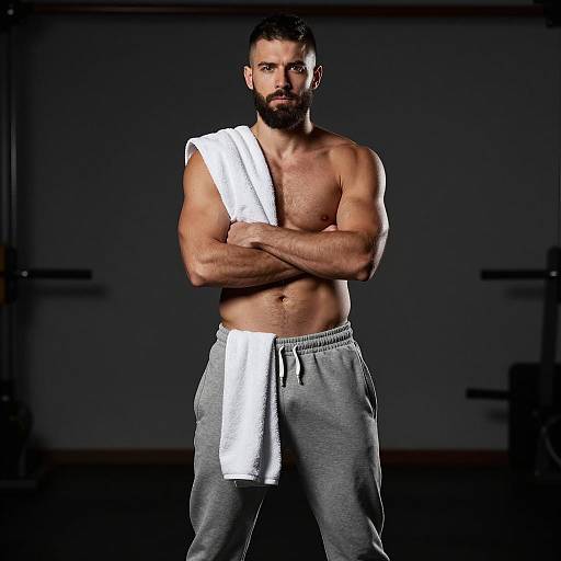 Muscular Shirtless Man with Towel in Gym Workout Setting