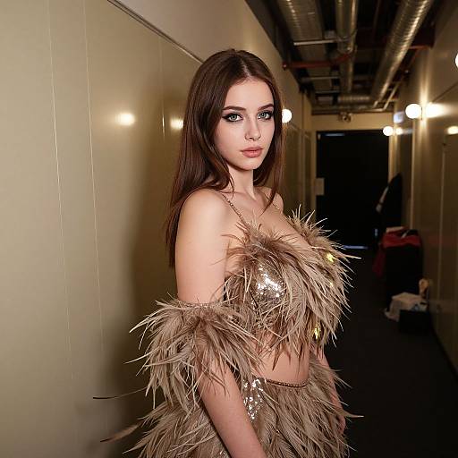 Elegant Woman in Feather and Sequin Outfit in Corridor