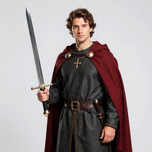 Man in Medieval Costume with Sword and Red Cape