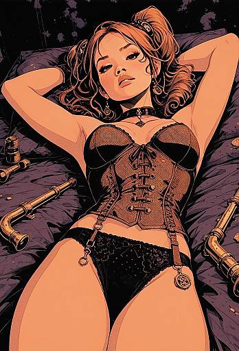 Stylized Comic Art of Woman in Corset and Lingerie with Industrial Pipes