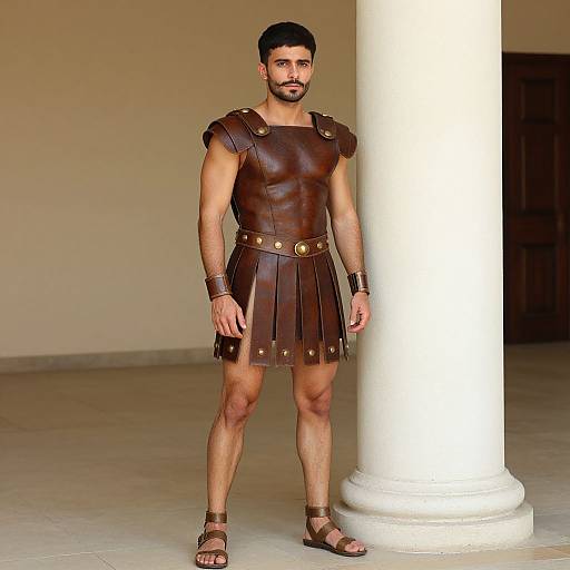 Man in Brown Leather Gladiator Costume Standing by Column