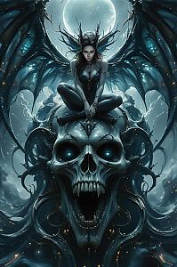 Dark Fantasy Woman Sitting on Giant Demonic Skull Under Full Moon