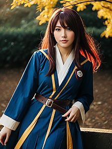 Realistic Rise Kujikawa Cosplay by Woman in Autumn Setting