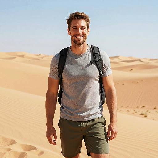 Smiling Man Hiking in Desert with Backpack