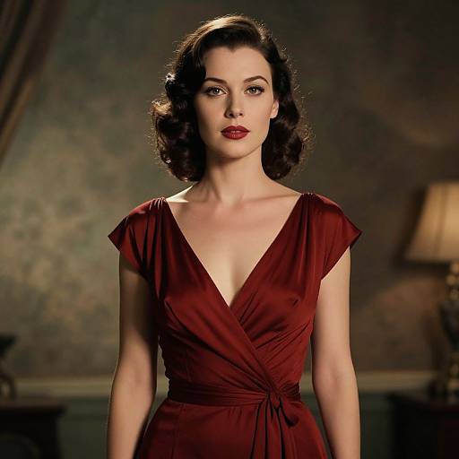 Woman in Elegant Red Vintage Dress with Classic Hairstyle