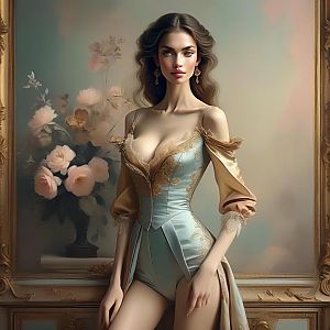 Regal Woman in Elegant Gown Against Vintage Floral Background