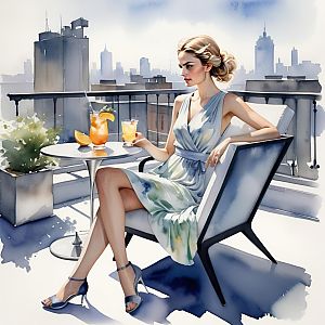 Stylish Woman on Balcony with City Skyline