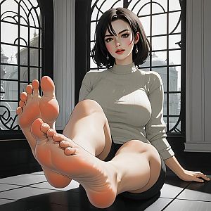 Woman Relaxing by Ornate Windows with Cityscape