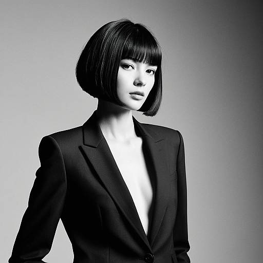 Elegant Black and White Portrait of Woman in Tailored Blazer with Bob Haircut