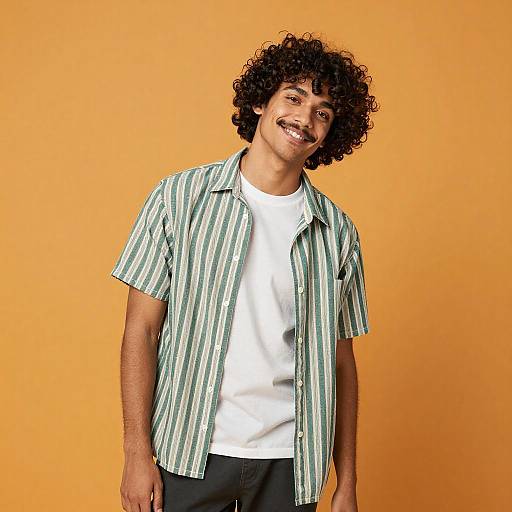 Smiling Young Man in Casual Striped Shirt on Orange Background