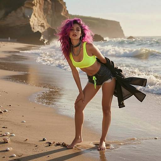Stylish Young Woman with Pink Hair on Sunny Beach Wearing Neon Crop Top
