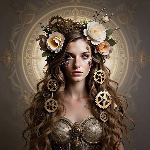 Steampunk Woman with Floral Gear Crown and Ornate Corset