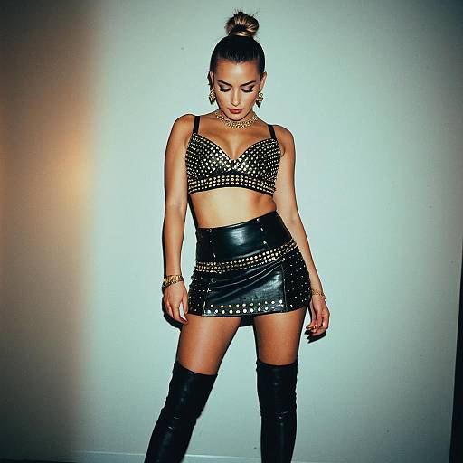 Edgy Glamorous Woman in Studded Black Leather Outfit with Gold Jewelry