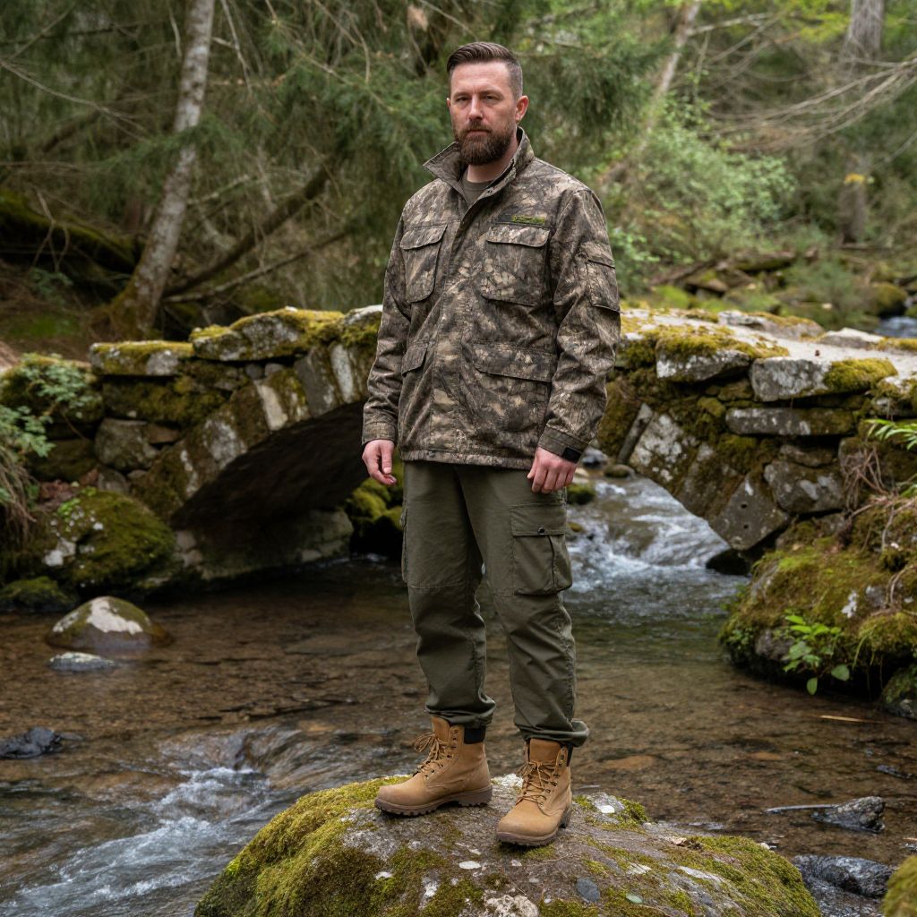 Man Wearing Camouflage Jacket Standing on Rock by Stone Bridge in Forest Stream