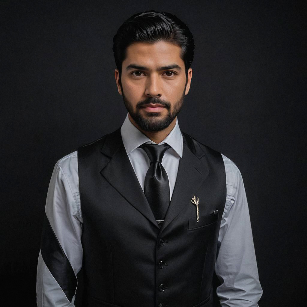 Confident Man in Black Vest and Grey Shirt