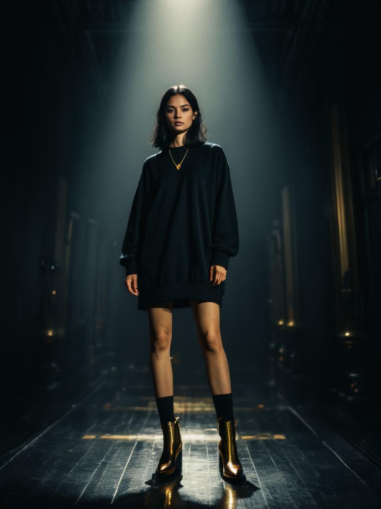 Woman Wearing Minimalist Oversized Black Sweatshirt Dress with Gold Ankle Boots