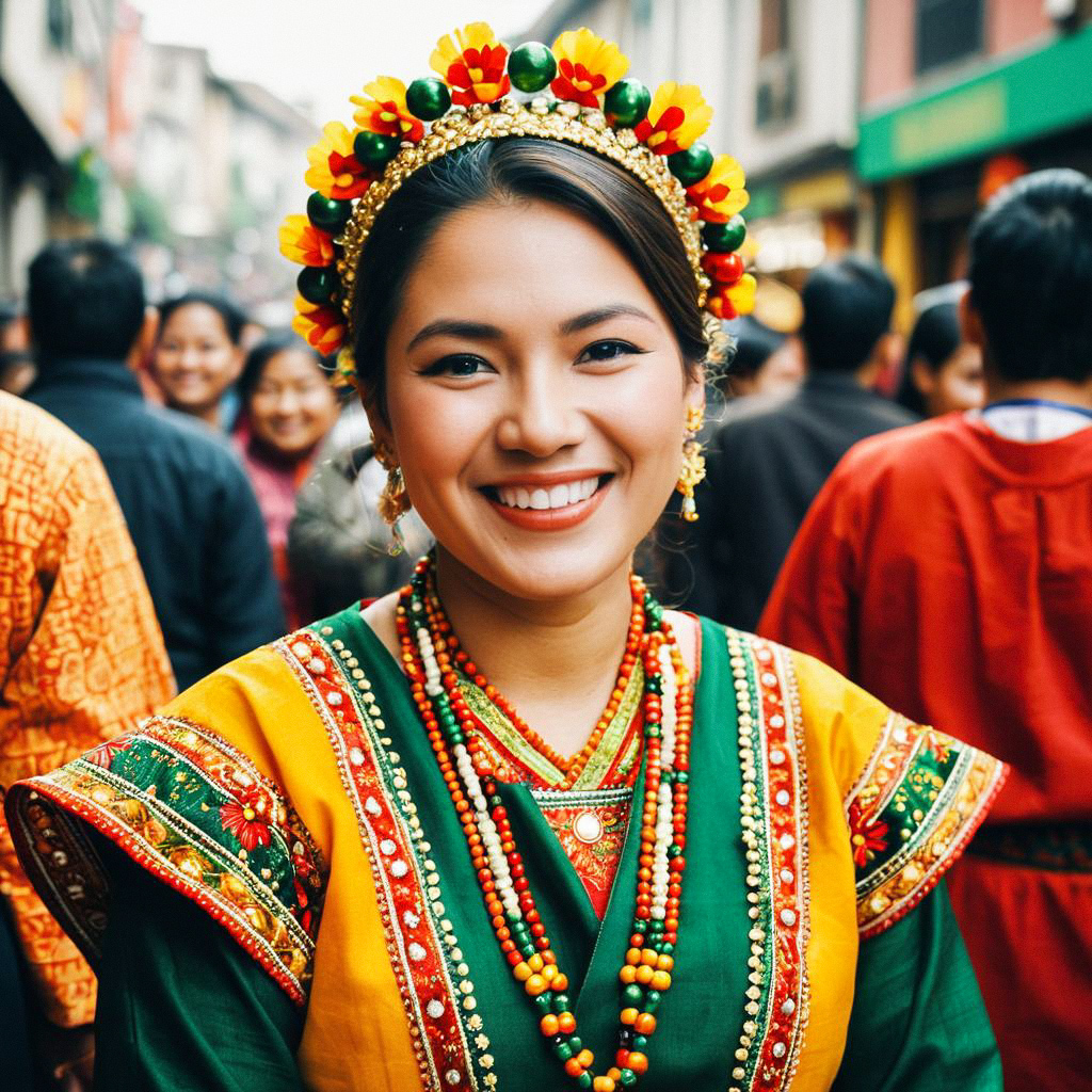 Joyful Woman in Vibrant Traditional Attire at Street Festival